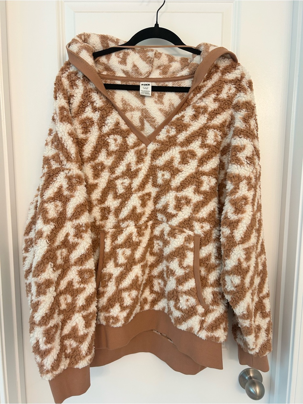 PINK Victoria’s Secret Sherpa Hoodie XL Cozy Brown Cream Pullover